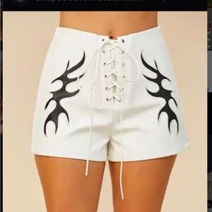 White Lace-Up Women's Shorts with Black Flame Design